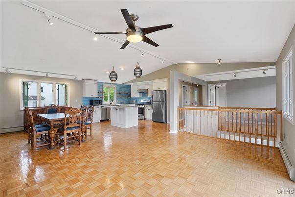 Dining room, Interior, Kitchen, Stainless Steel Appliances, Wood Texture Flooring