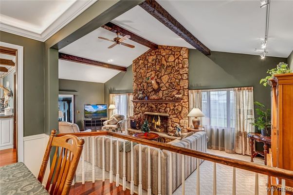 Fireplace, Interior, Living room, Stone Walls, Wooden Beams, Wood Texture Flooring