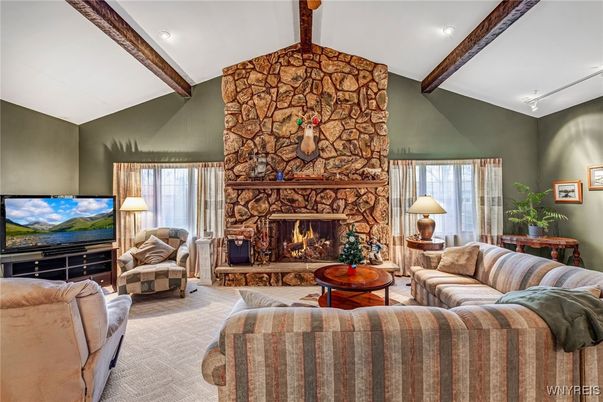 Fireplace, Interior, Living room, Recessed Lighting, Stone Walls, Wooden Beams