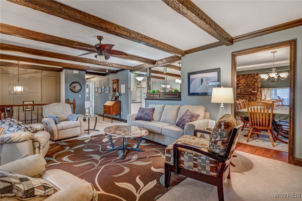 Dining room, Interior, Living room, Pendant Lights, Wooden Beams, Wood Texture Flooring