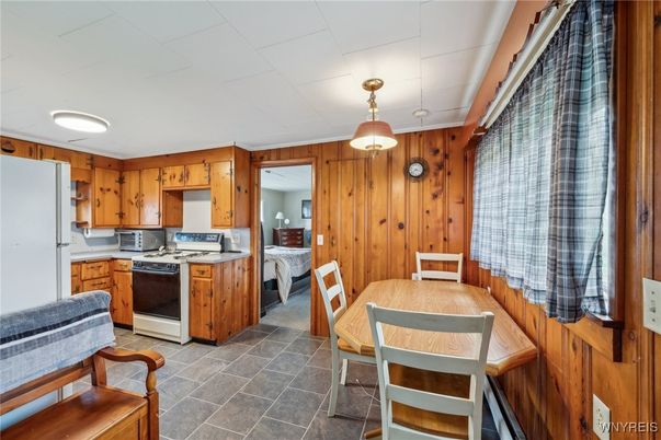 Dining room, Interior, Kitchen, Recessed Lighting, Wooden Walls