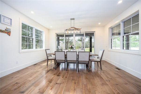 Dining room, Interior, Pendant Lights, Recessed Lighting, Wood Texture Flooring