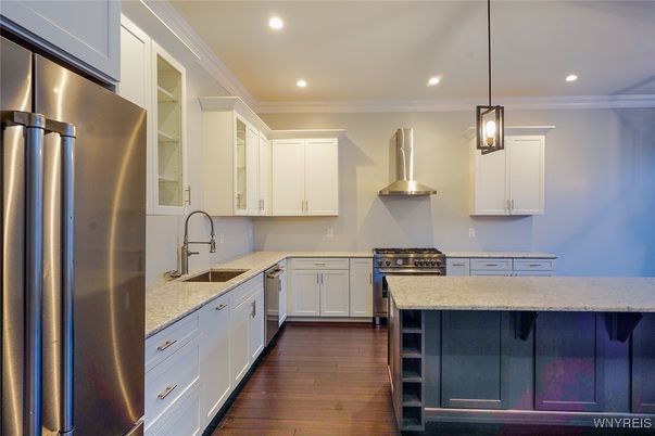 Interior, Kitchen, Pendant Lights, Recessed Lighting, Stainless Steel Appliances, Wood Texture Flooring