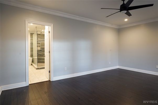 Bathroom, Empty room, Glass Shower, Interior, Recessed Lighting, Wood Texture Flooring