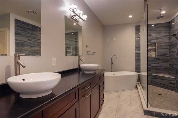 Bathroom, Dual Sink Vanities, Free Standing Baths, Glass Shower, Interior, Marble, Recessed Lighting