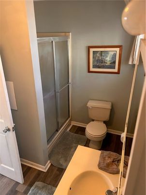 Bathroom, Glass Shower, Interior, Wood Texture Flooring