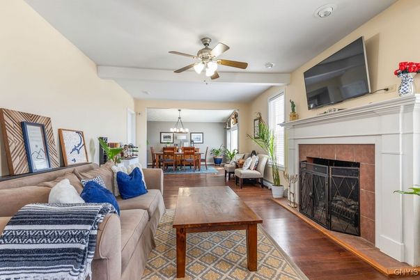 Dining room, Fireplace, Interior, Living room, Pendant Lights, Wood Texture Flooring