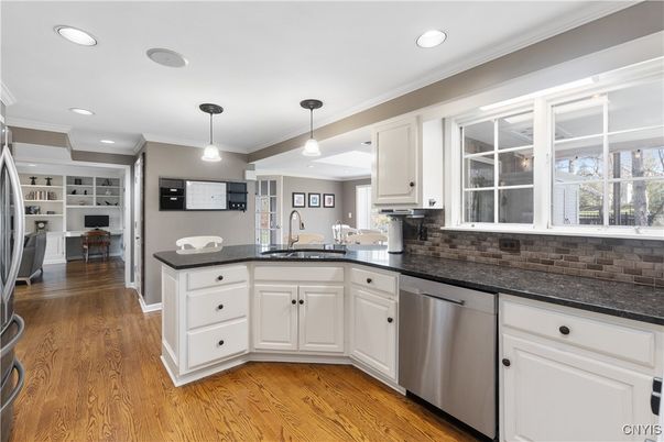 Interior, Kitchen, Pendant Lights, Recessed Lighting, Stainless Steel Appliances, Wood Texture Flooring