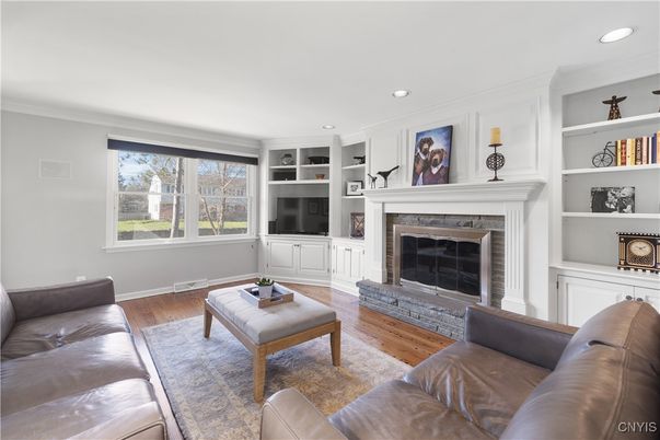 Fireplace, Interior, Living room, Recessed Lighting, Wood Texture Flooring