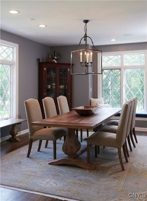 Dining room, Interior, Pendant Lights, Recessed Lighting, Wood Texture Flooring