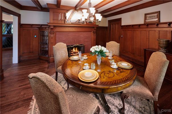 Chandelier, Dining room, Fireplace, Interior, Wooden Beams, Wood Texture Flooring