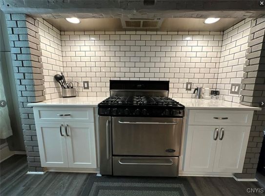 Interior, Kitchen, Recessed Lighting, Stainless Steel Appliances, Stone Walls, Wood Texture Flooring