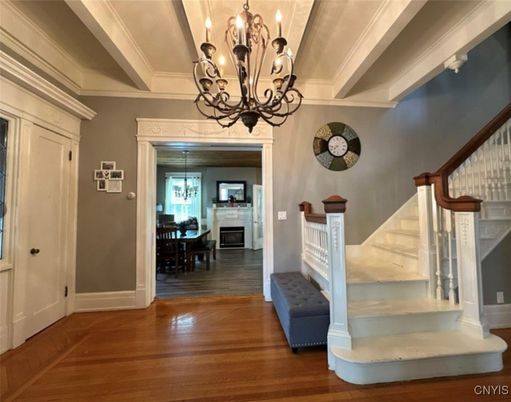 Chandelier, Dining room, Fireplace, Interior, Wood Texture Flooring