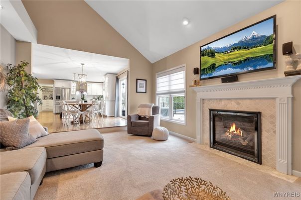 Chandelier, Dining room, Fireplace, Interior, Living room, Pendant Lights, Recessed Lighting