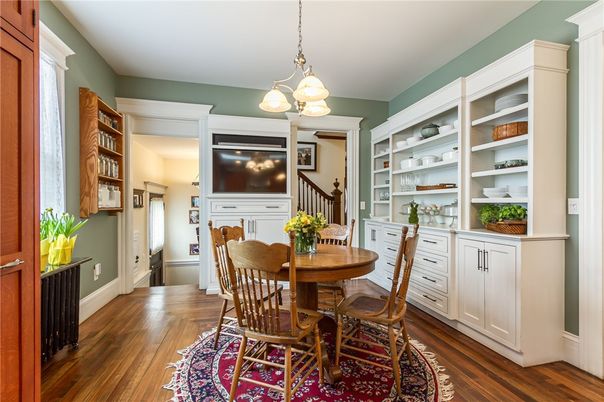 Dining room, Interior, Pendant Lights, Wood Texture Flooring