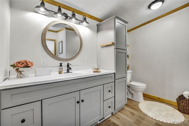 Bathroom, Dual Sink Vanities, Interior, Wood Texture Flooring