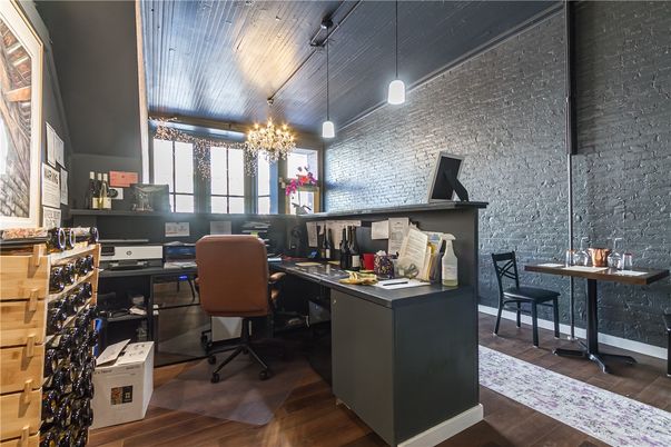 Chandelier, Home Office, Interior, Pendant Lights, Stone Walls, Wood Texture Flooring