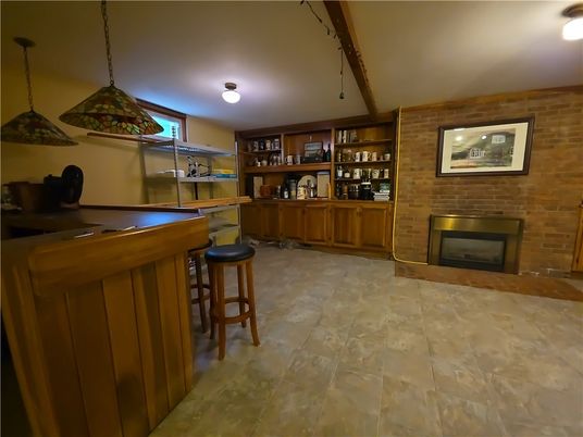 Fireplace, Interior, Pendant Lights, Stone Walls