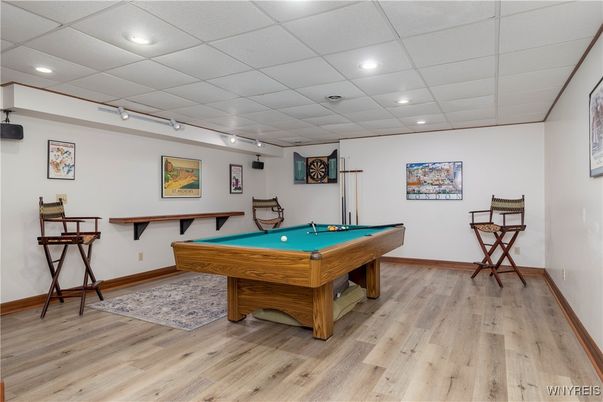 Billiard Table, Game Room, Interior, Recessed Lighting, Wood Texture Flooring