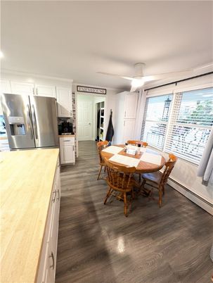 Dining room, Interior, Kitchen, Stainless Steel Appliances, Wood Texture Flooring