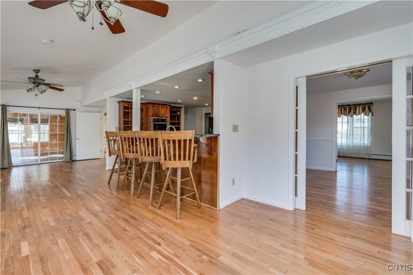 Dining room, Empty room, Interior, Kitchen, Recessed Lighting, Wood Texture Flooring