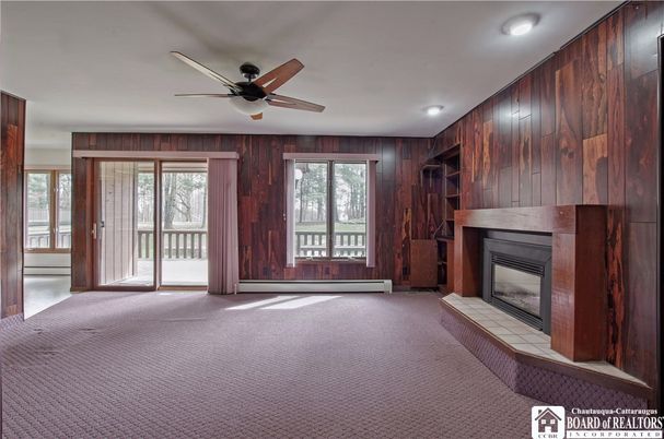 Empty room, Fireplace, Interior, Recessed Lighting, Wooden Walls