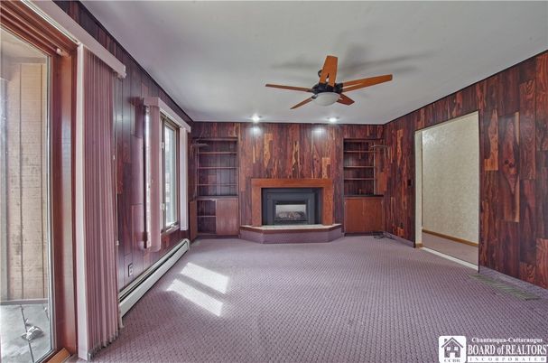 Empty room, Fireplace, Interior, Recessed Lighting, Wooden Walls