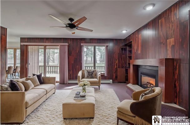 Fireplace, Interior, Living room, Recessed Lighting, Wooden Walls