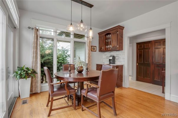 Dining room, Interior, Pendant Lights, Wood Texture Flooring