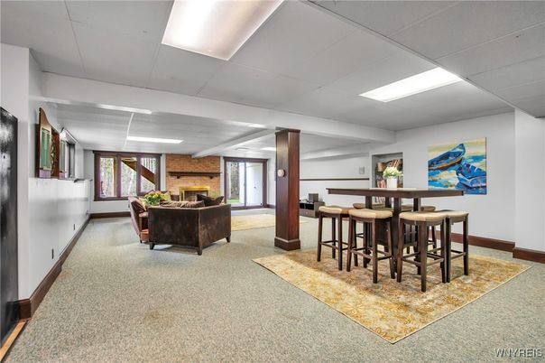 Dining room, Fireplace, Interior, Recessed Lighting, Stone Walls