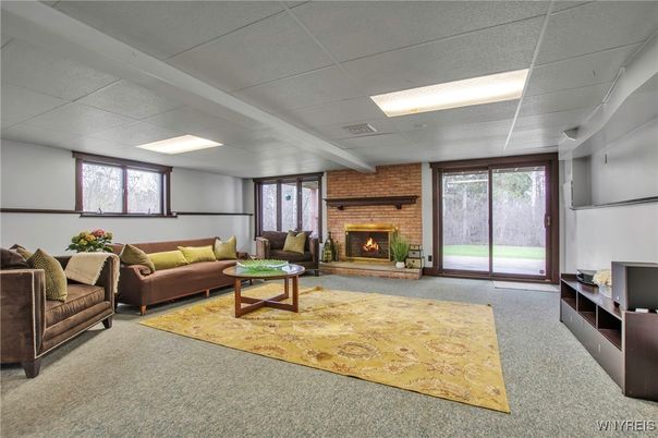 Fireplace, Interior, Living room, Recessed Lighting, Stone Walls