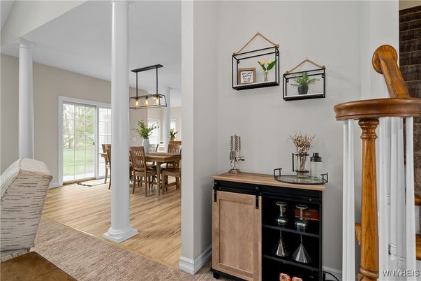 Dining room, Interior, Pendant Lights, Wood Texture Flooring