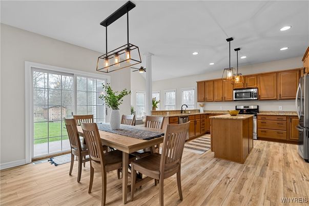 Dining room, Interior, Kitchen, Pendant Lights, Recessed Lighting, Stainless Steel Appliances, Wood Texture Flooring