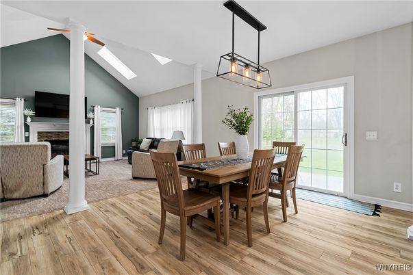 Dining room, Fireplace, Interior, Living room, Pendant Lights, Wood Texture Flooring