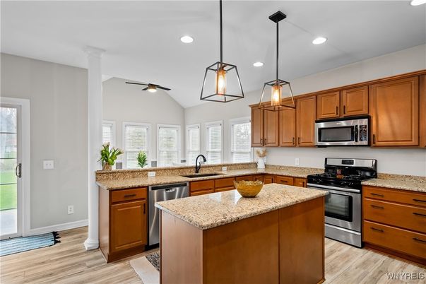 Interior, Kitchen, Pendant Lights, Recessed Lighting, Stainless Steel Appliances, Wood Texture Flooring