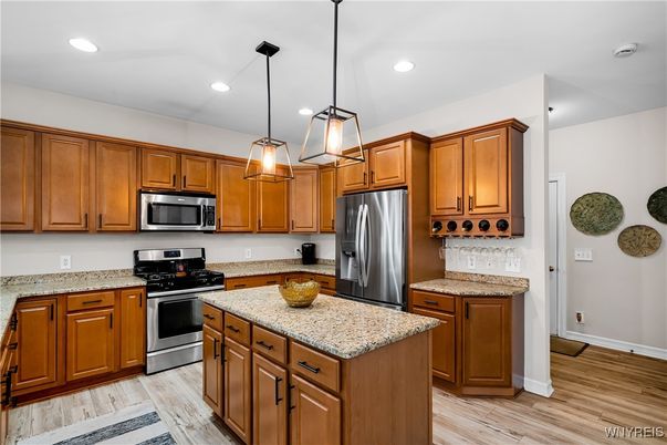 Interior, Kitchen, Pendant Lights, Recessed Lighting, Stainless Steel Appliances, Wood Texture Flooring