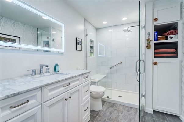Bathroom, Glass Shower, Interior, Marble, Marble Walls, Recessed Lighting