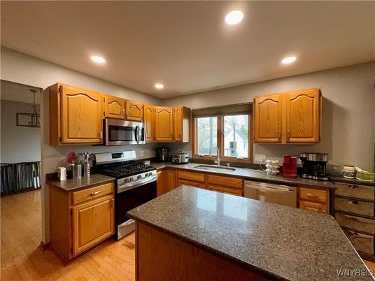 Interior, Kitchen, Recessed Lighting, Stainless Steel Appliances, Wood Texture Flooring