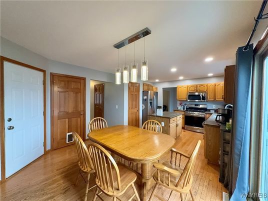 Dining room, Interior, Kitchen, Pendant Lights, Recessed Lighting, Stainless Steel Appliances, Wood Texture Flooring
