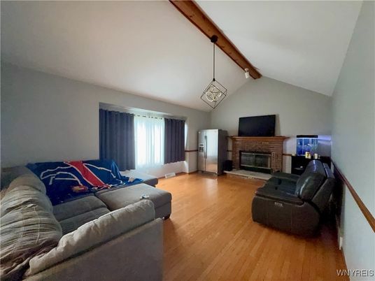 Fireplace, Interior, Living room, Pendant Lights, Wooden Beams, Wood Texture Flooring