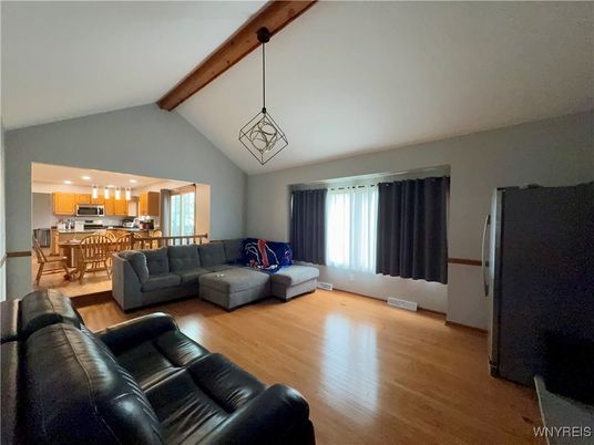 Dining room, Interior, Kitchen, Living room, Pendant Lights, Recessed Lighting, Wooden Beams, Wood Texture Flooring