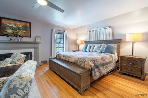 Bedroom, Fireplace, Interior, Wood Texture Flooring