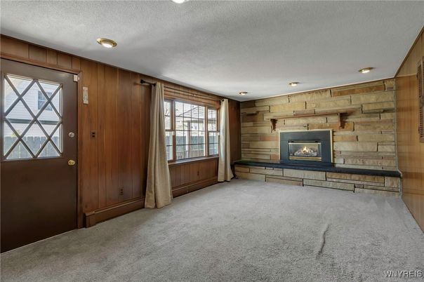 Empty room, Fireplace, Interior, Recessed Lighting, Wooden Walls