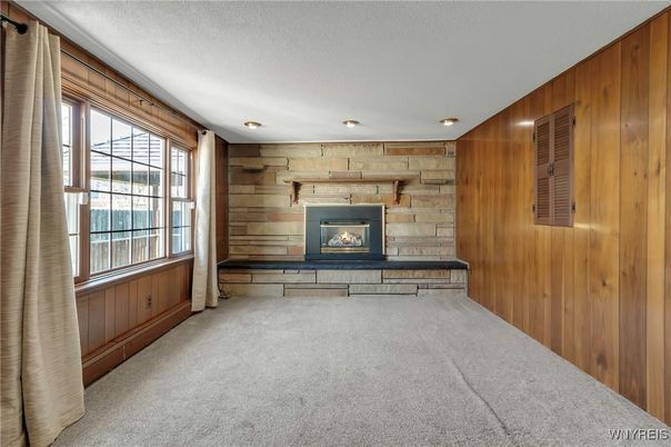 Empty room, Fireplace, Interior, Recessed Lighting, Wooden Walls