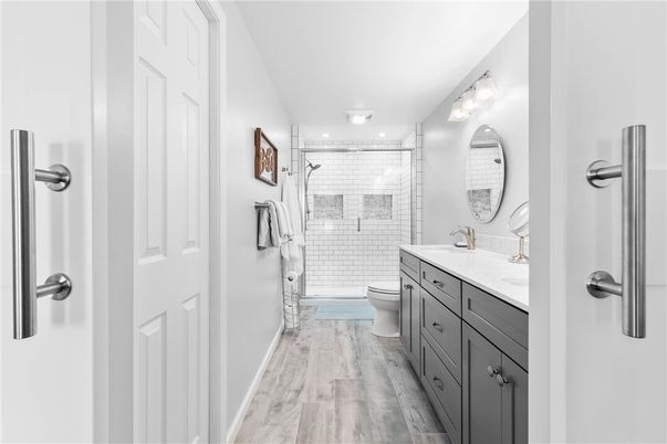 Bathroom, Glass Shower, Interior, Wood Texture Flooring