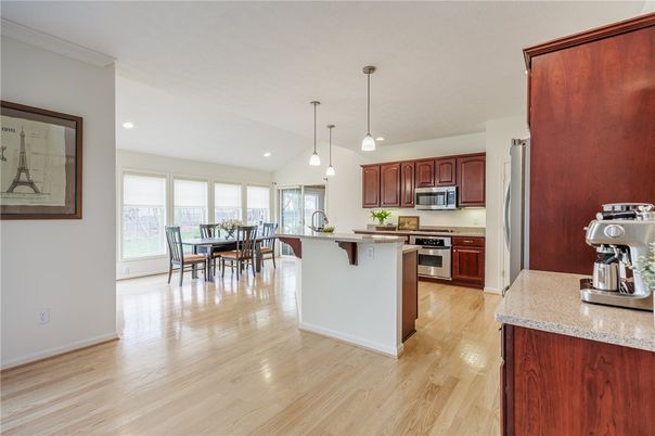 Dining room, Interior, Kitchen, Pendant Lights, Recessed Lighting, Stainless Steel Appliances, Wood Texture Flooring
