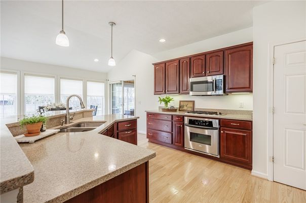 Interior, Kitchen, Pendant Lights, Recessed Lighting, Stainless Steel Appliances, Wood Texture Flooring