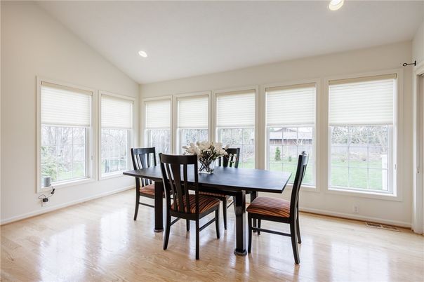 Dining room, Interior, Recessed Lighting, Wood Texture Flooring