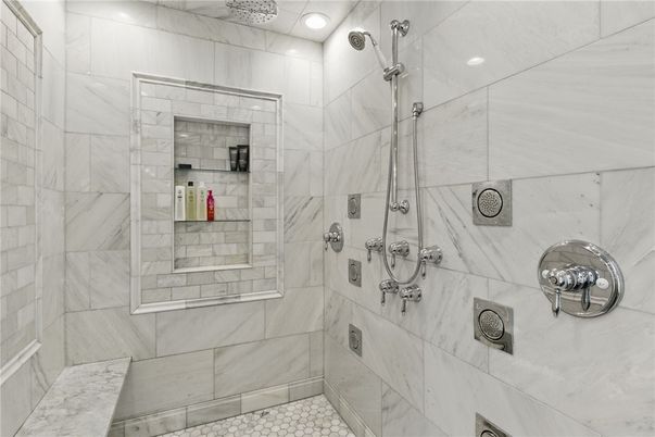Bathroom, Glass Shower, Interior, Marble Walls, Recessed Lighting