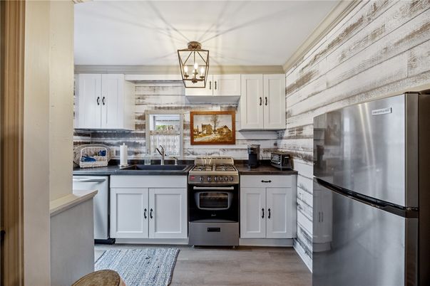Interior, Kitchen, Pendant Lights, Stainless Steel Appliances, Wood Texture Flooring